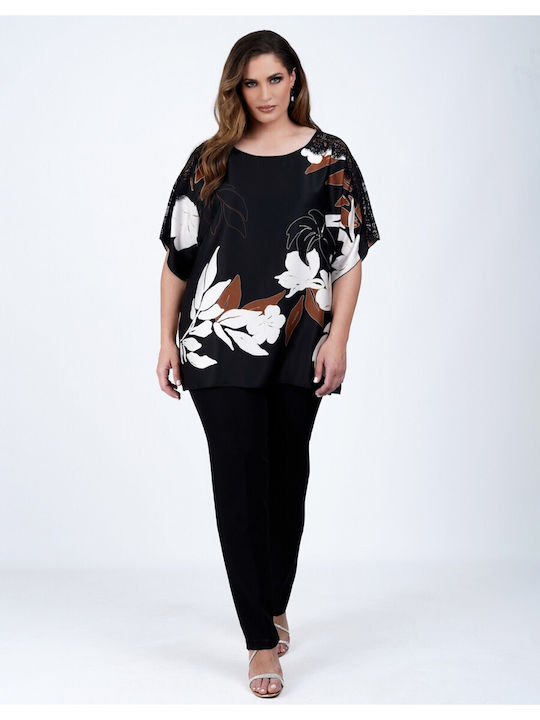 Women's Satin Blouse with Lace Floral Black