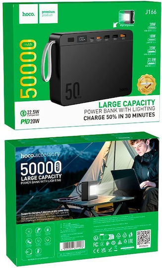 Hoco J166 Carretera Power Bank 50000mAh 22.5W με 3 Θύρες USB-A και 2 Θύρες USB-C Power Delivery / Quick Charge 2.0 / Quick Charge 3.0 Μαύρο