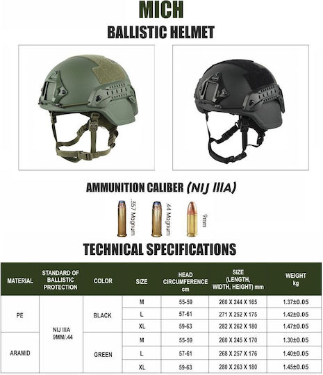 Mich Nij Iiia Tactical Ballistic Helmet Resistant To 9mm 357 Sig 44 Magnum Bullets Nvg Compatible Fast Rail 360° Adjustment System Ultra-resistant Aramid Material Size M Black