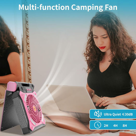 Portable Camping Fan Rechargeable Led Light Solar Panel Usb Black Pink