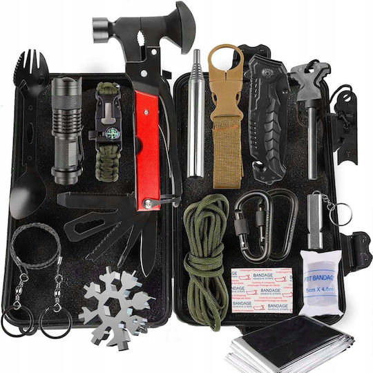 Newevo Kit Militar Complet de Supraviețuire 17-în-1 51 de Utilizări Diferite Multitool Lanternă Cuțit Busolă Accesorii pentru Camping în Aer Liber Negru