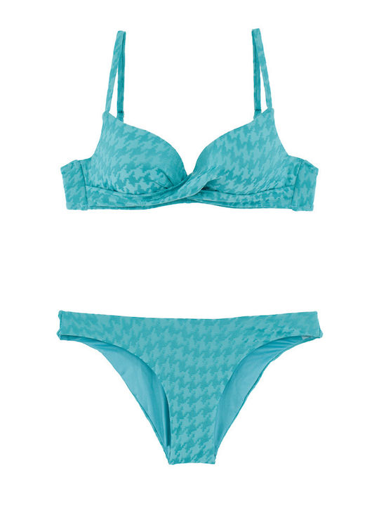 Γυναικείο Μαγιό Bikini Push-up Μπανέλα Pied-de-poule Τυρκουάζ Γυναικείο Μαγιό Bikini Push-up Μπανέλα Pied-de-poule Τυρκουάζ
