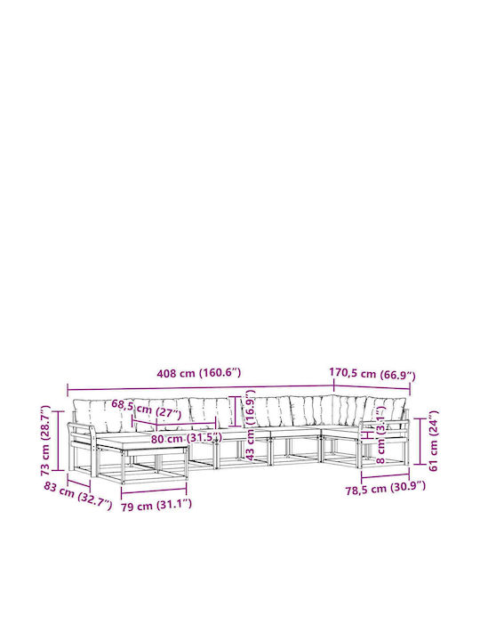 Corner Outdoor Sofa Wooden with Cushions 408x170.5x73cm