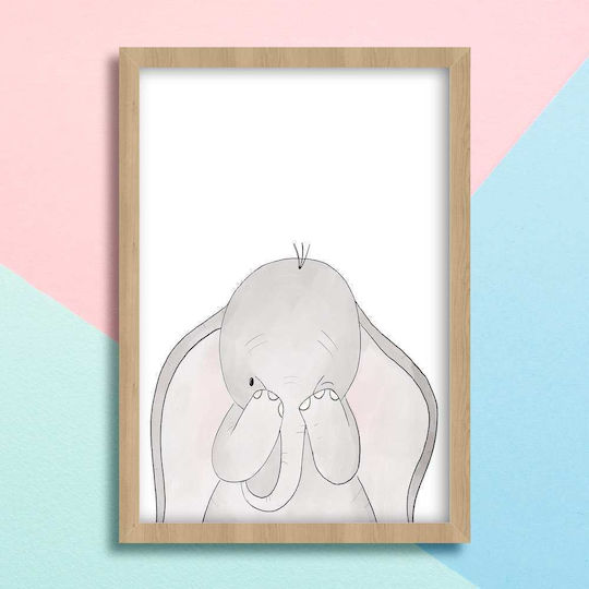 Kids Wall Art Elephant with White Frame Made of Wood 40x50cm