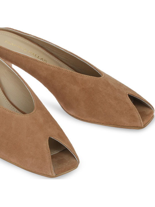 Suede Mules With Low Heel In Tabac Brown Colour