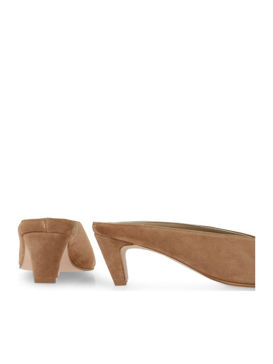 Suede Mules With Low Heel In Tabac Brown Colour