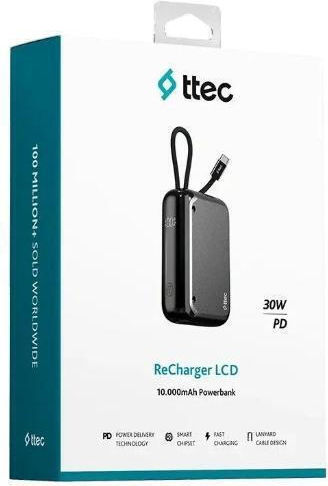 TTEC ReCharger LCD Power Bank 10000mAh 30W with USB-C Power Delivery / Quick Charge Grey