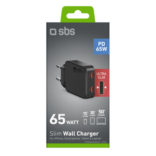 SBS Зарядно без кабел с 2 USB-C порта 65W Power Delivery Черен (23755)