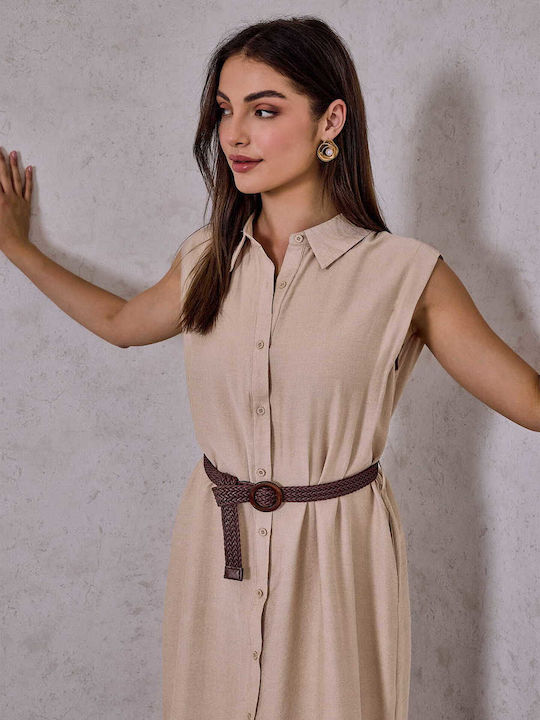 Celestino Women's Shirt Dress Knitted Belt Beige