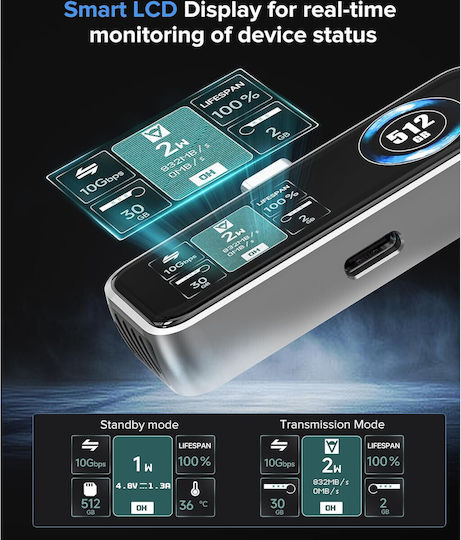 SSD Extern Magnetic 512 Gb Viteză Până la 990mb/s Înregistrare Video 4k 120fps Prores Ventilator Integrat USB 3.2 Gen2 Tip-C Suportă PD3.0 27w Ecran LCD Compatibil iPhone 15/16 și Ulterior Gri