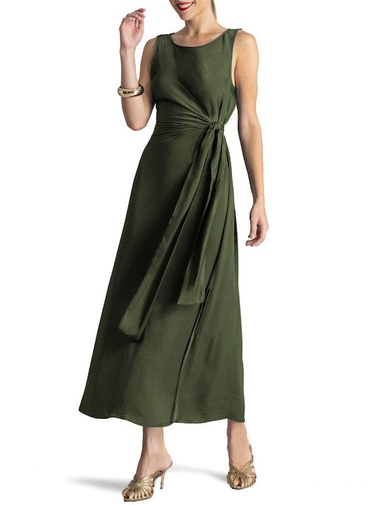 Summer Midi Evening Satin Wrap Khaki Dress