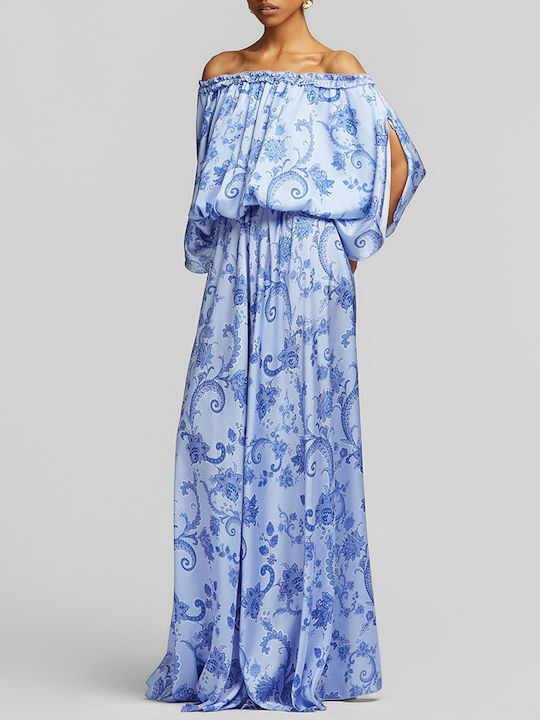 Summer Maxi Dress for Wedding - Christening Satin Off-Shoulder Azure