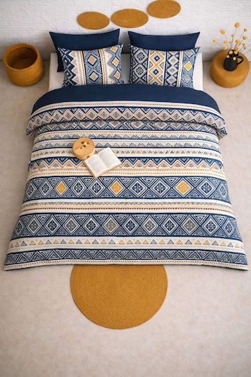 SteweHome Cotton Duvet Cover Set 200x230cm Double With 2 Pillowcases & 1 Bed Sheet Blue