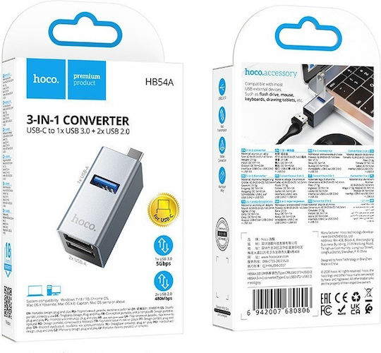 Hoco USB-Hub mit 3 Anschlüssen USB 3.0 mit USB-C Verbindung Grau