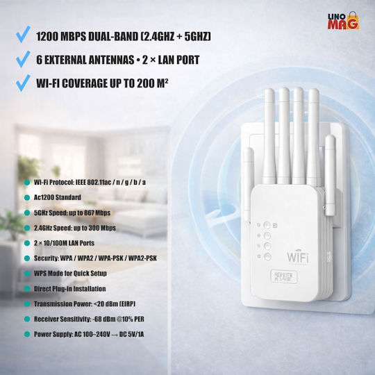 Linomag WiFi Extender Dual Band (2.4 & 5GHz) 1200Mbps με 2 Ethernet