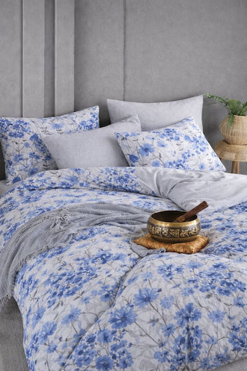 SteweHome Cotton Duvet Cover Set 200x230cm Double With 2 Pillowcases & 1 Bed Sheet Blue