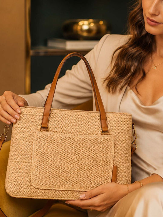 Gallantry Women Tote Handbag Mac & Noa Raffia-effect Front Pocket Chic Beige
