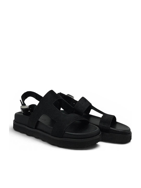 Deri Leder Flache Sandalen Für Damen Schwarz