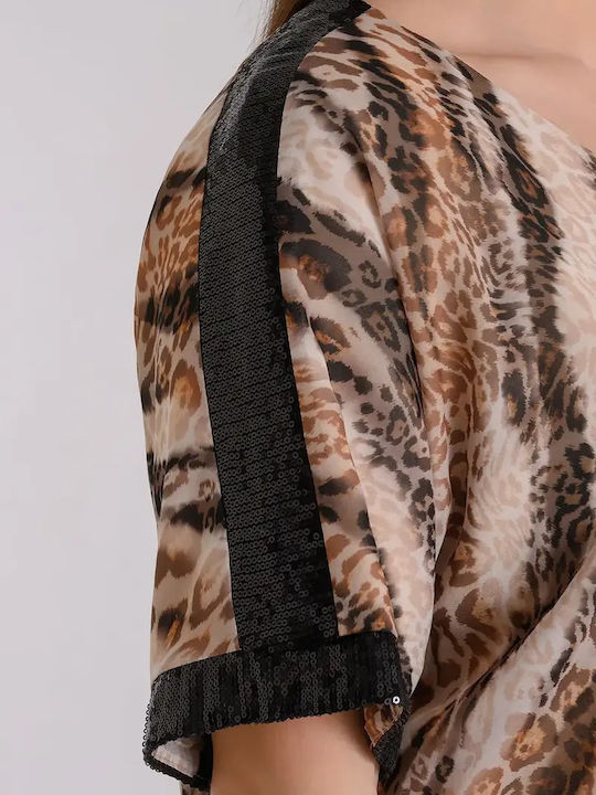 Women's Blouse Short Sleeve with V-Neck Animal Print Beige