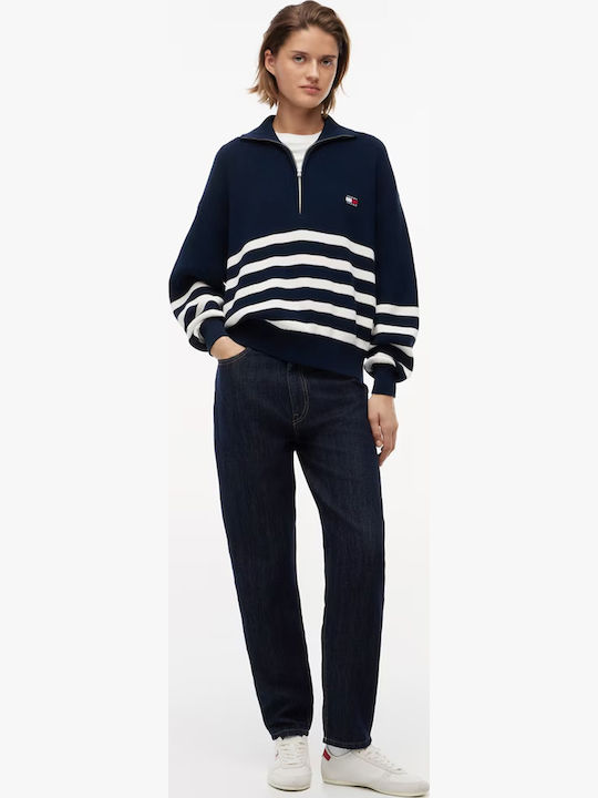Tommy Women's Cotton Sweater with Zipper Striped Navy Blue/White