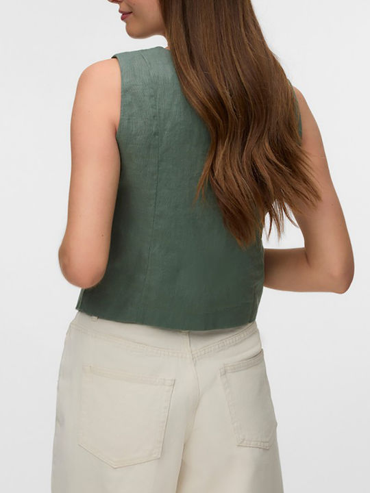 Vero Moda Damen Sommer Leinen Ärmellose Bluse Laurel Wreath Dunkelgrün