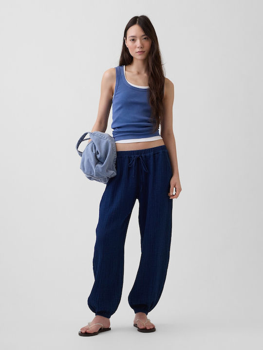 Women's Fabric Trousers with Elastic Navy Blue Wash