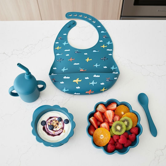Queen Mother Feeding Set Planes Made of Silicone with Anti-Slip Base Blue 6pcs