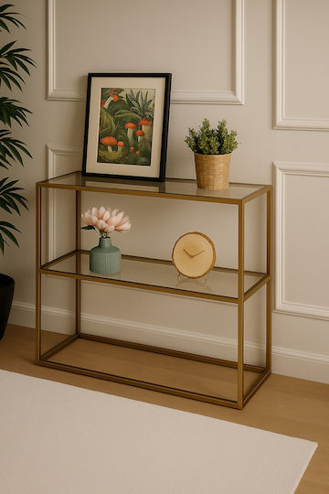SteweHome Konsolentisch mit Metall und Glaseinlage Gold M80xB85xH85cm