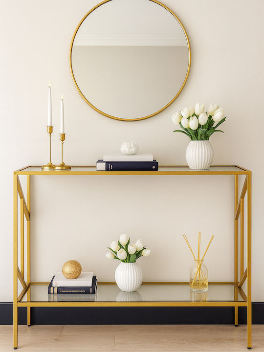 Metal Console Table with Glass Top Gold L100xW30xH90cm