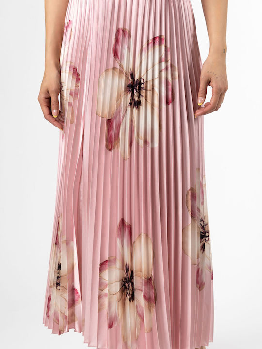 Πλισέ Maxi Φούστα Floral Ροζ