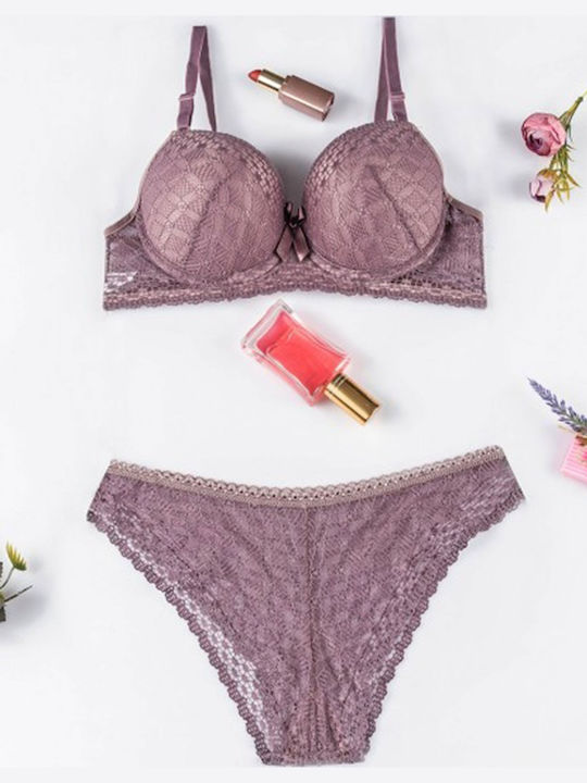 Cansoy Lace Underwear Set with Bra & Brazil Purple