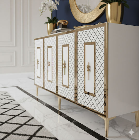 Буфет Дървен с Огледало Бял 150x32x75см