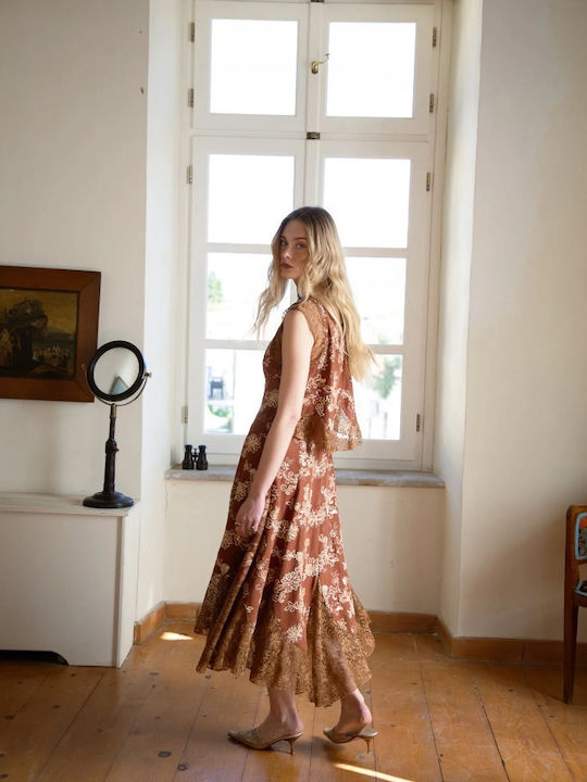 Rochie-Cămașă Midi Floral Teracotă