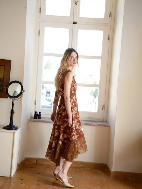 Rochie-Cămașă Midi Floral Teracotă
