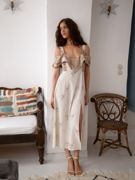 Sommer Midi Damenkleid für Hochzeit Taufe Blumen Ecru