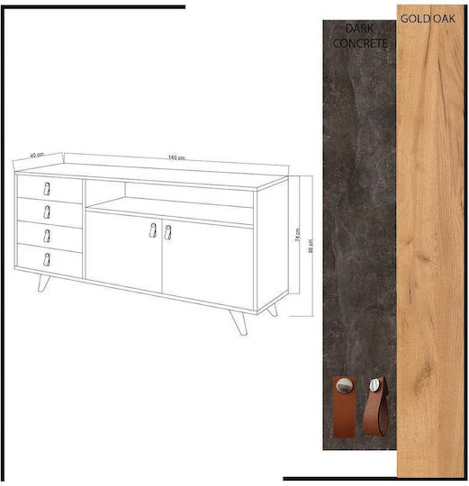 Bufet Din Lemn cu Sertare Auriu 140x40x86cm