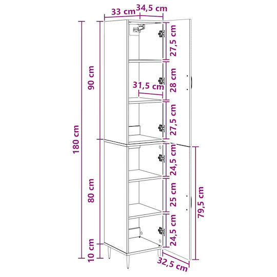 vidaXL Bathroom Column Cabinet Wall Hung M33xD34.5xH89.5cm White