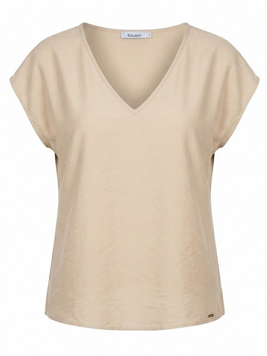 Women's Blouse with V Neckline Beige