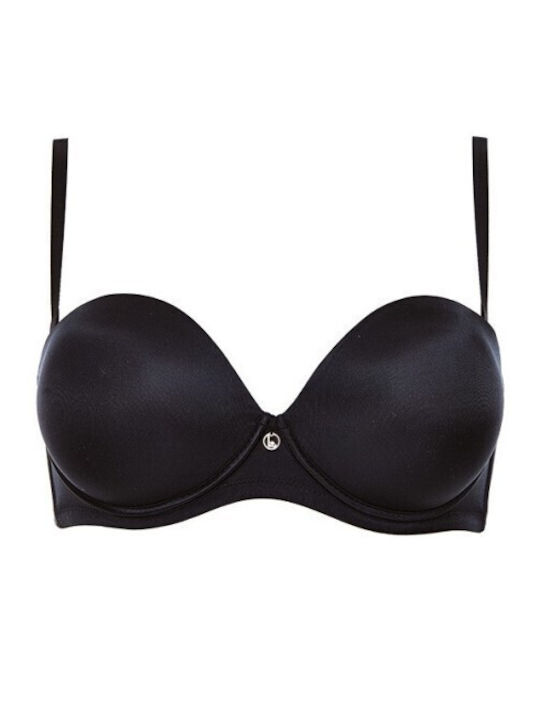 Super Μαύρο Strapless Σουτιέν Push Up με Μπανέλες