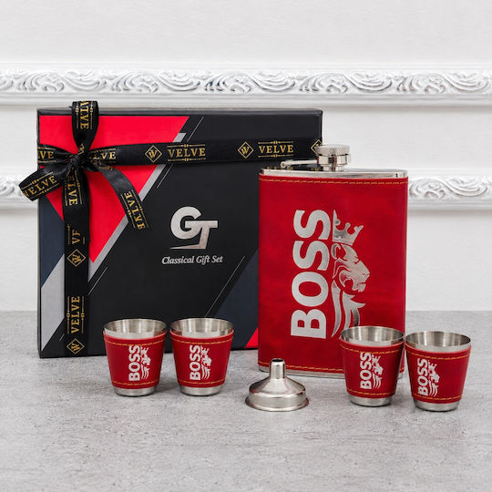 Set Bărbați Boss Sticlă Metalică 4 Pahare de Shot Îmbrăcate în Piele Pâlnie Cutie Elegantă Roșie