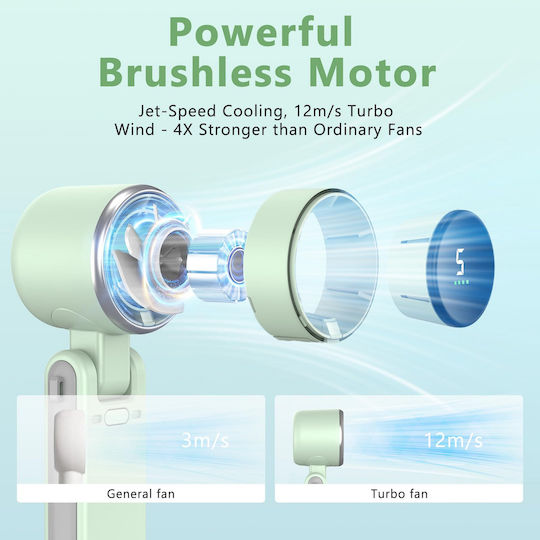 Portable Plastic Usb Battery Fan Electric Motor Foldable Bladeless 5-speed Settings Green