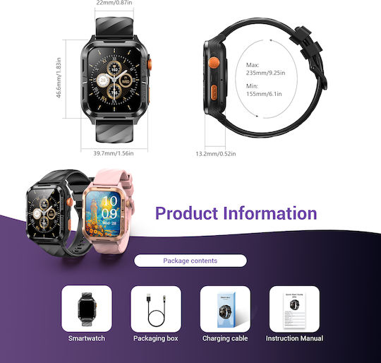 BlackView W10 Pro 46mm Smartwatch with Heart Rate Monitor Black
