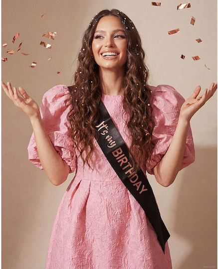 Panglică "It's My Birthday" Satin Neagră Litere Rose Gold