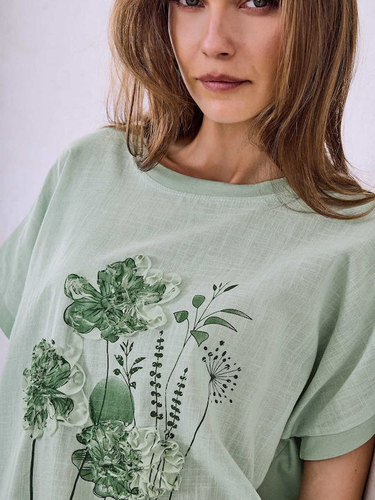 Celestino Women's Blouse Print Embossed Designs Loose Fit Green