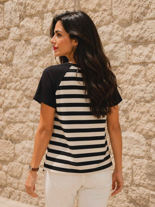 Women's Short Sleeve Striped Black Blouse With Ecru