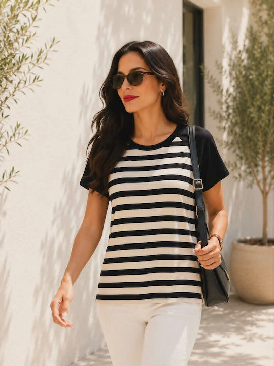 Women's Short Sleeve Striped Black Blouse With Ecru
