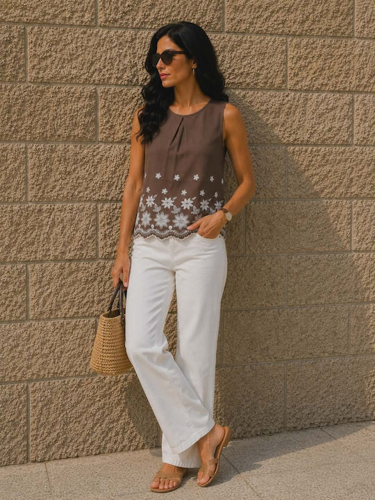 Women's Sleeveless Cotton Brown Blouse