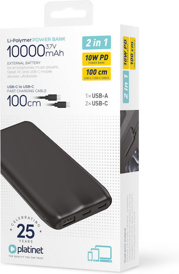 Platinet Power Bank 10000mAh 12W με Θύρα USB-A και 2 Θύρες USB-C Μαύρο