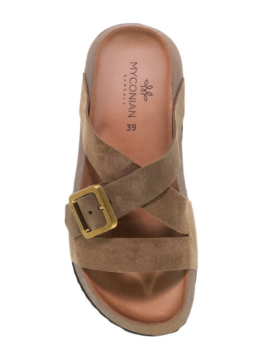 Myconian Leather Women's Flat Sandals Flatforms Beige