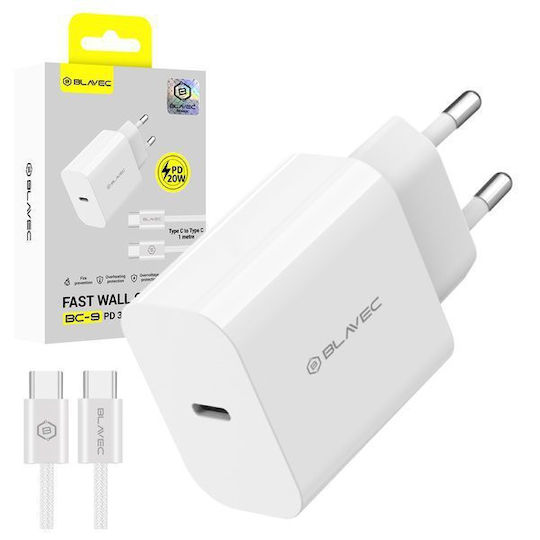 Blavec Ladegerät mit integriertem Kabel mit USB-C Anschluss USB-C - USB-C 20W Stromlieferung / Schnellaufladung 3.0 Weißs (BC-9)